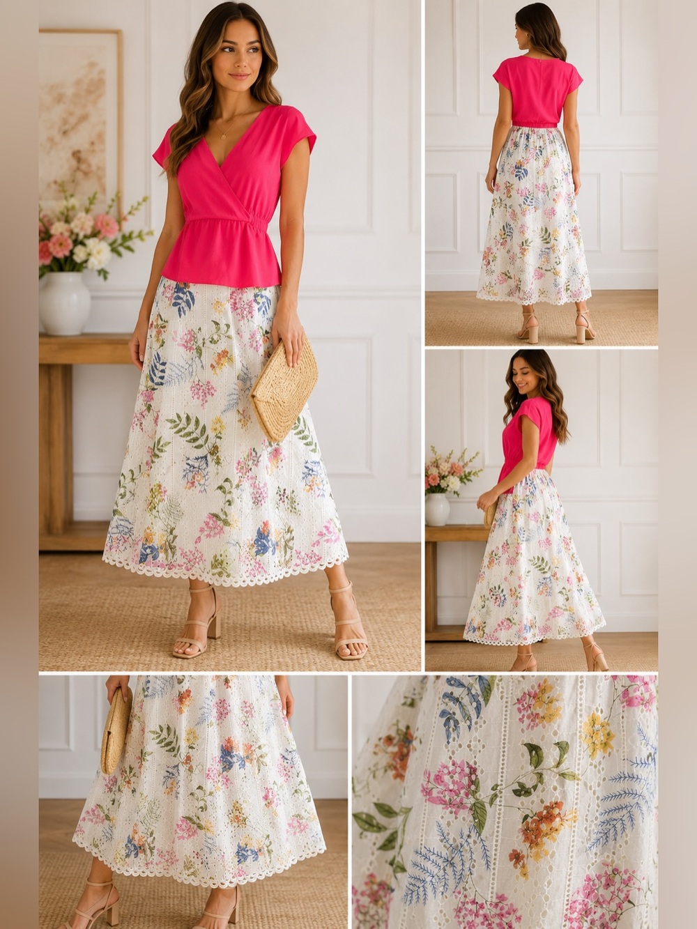 Lulus NWT Cottage-core Floral Eyelet Embroidered Midi Skirt Botanical Cotton